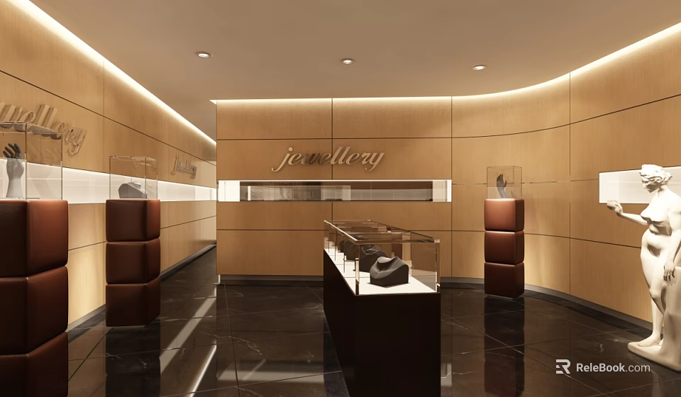 Elegant Jewelry Store Interior With Wooden Walls And Glass Display Cases 3d model 