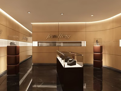 Elegant Jewelry Store Interior With Wooden Walls And Glass Display Cases 3d model