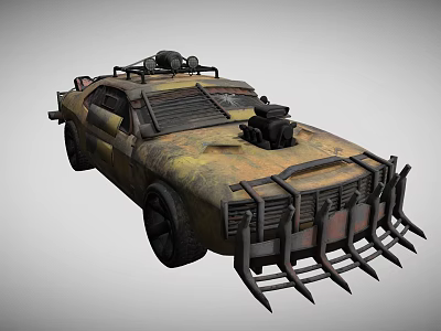Rusty Modified Armored Car With Spiked Front And Roof Mounted Gear 3d model