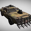 Rusty Modified Armored Car With Spiked Front And Roof Mounted Gear