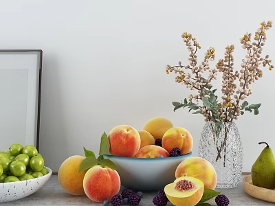 Fresh Fruit Display With Peaches Green Apples Pear And Blackberries 3d model