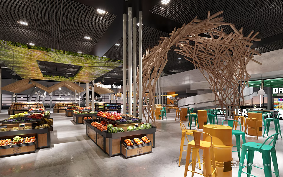 Stylish Modern Supermarket Department With Fresh Produce Displays And Comfortable Casual Seating Area 3d model 