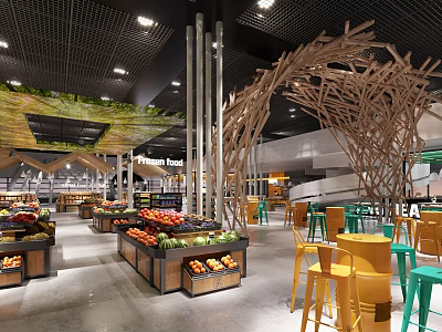 Stylish Modern Supermarket Department With Fresh Produce Displays And Comfortable Casual Seating Area 3d model