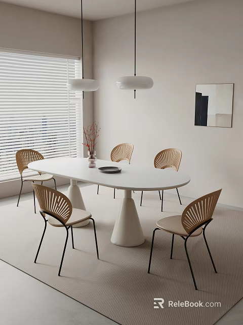 White Oval Dining Table Set With Light Brown Woven Backrest Chairs And Pendant Lights 3d model