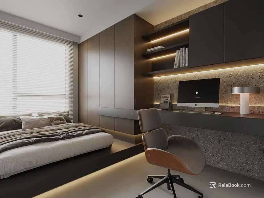 Modern Tatami Bedroom Interior With Tatami Bed Desk Chair Built-in Bookshelves LED Lighting And Blinds 3d model 