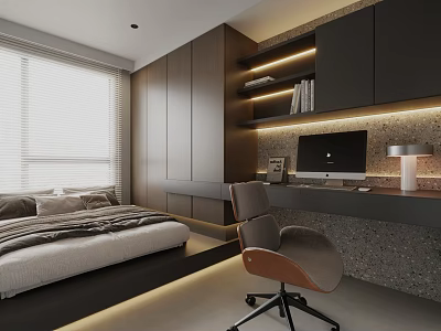 Modern Tatami Bedroom Interior With Tatami Bed Desk Chair Built-in Bookshelves LED Lighting And Blinds 3d model