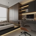 Modern Tatami Bedroom Interior With Tatami Bed Desk Chair Built-in Bookshelves LED Lighting And Blinds