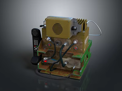 Vintage Electronic Computer Device With Telephone Handset Knobs Cables Green Brown 3d model