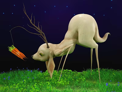 Horned Reptile With Long Legs Looking At Carrot In Green Grass Under Blue Starry Sky 3d model