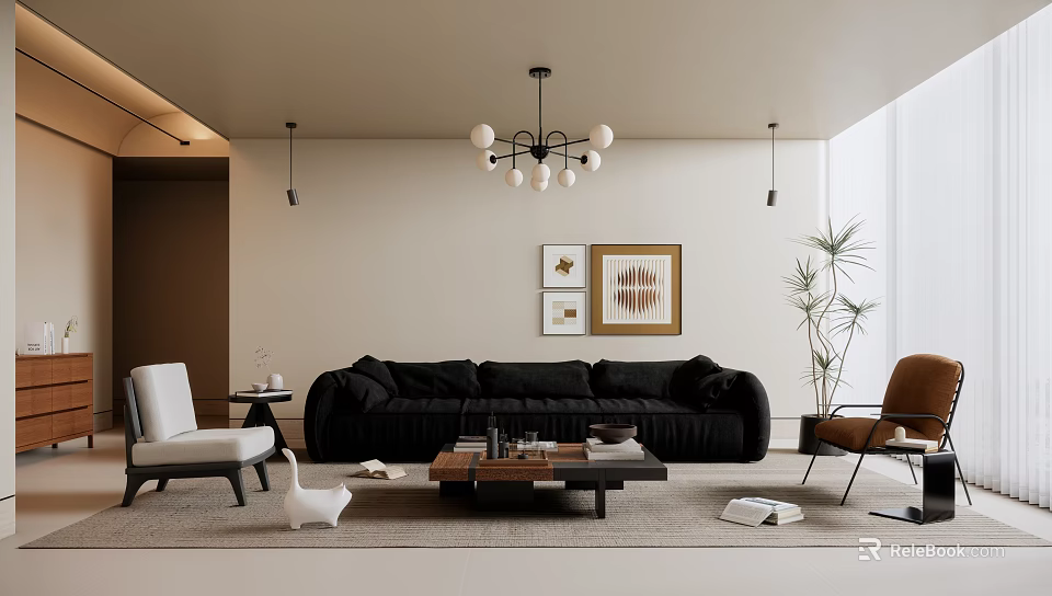 Modern Living Room Interior With Black Sofa Coffee Table Chandelier And Decorative Paintings 3d model 