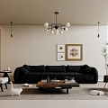Modern Living Room Interior With Black Sofa Coffee Table Chandelier And Decorative Paintings