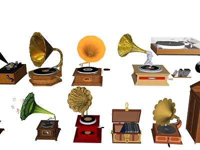 Classic Vintage Gramophones In Various Styles With Golden Horns And Wooden Bodies 3d model