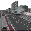 Urban Overpass Bridge Over City Road With Vehicles Pedestrians Tall Buildings And Green Trees