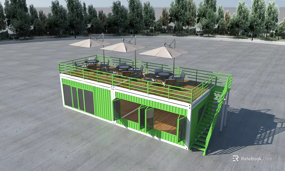 Modern Two Story Green Container Building With Balcony Tables Chairs And Umbrellas 3d model 