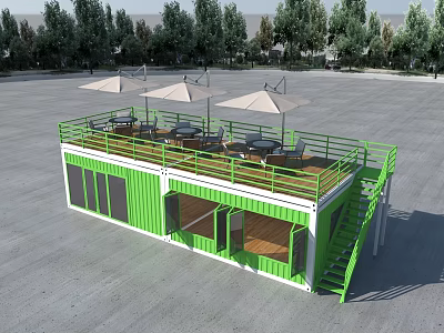 Modern Two Story Green Container Building With Balcony Tables Chairs And Umbrellas 3d model