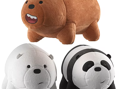 Three Cute Bear Plush Toys With Brown White Panda Designs 3d model