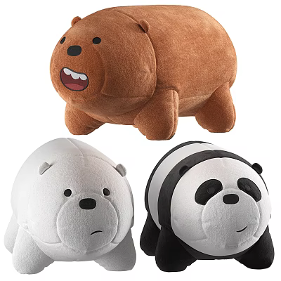 Three Cute Bear Plush Toys With Brown White Panda Designs 3d model