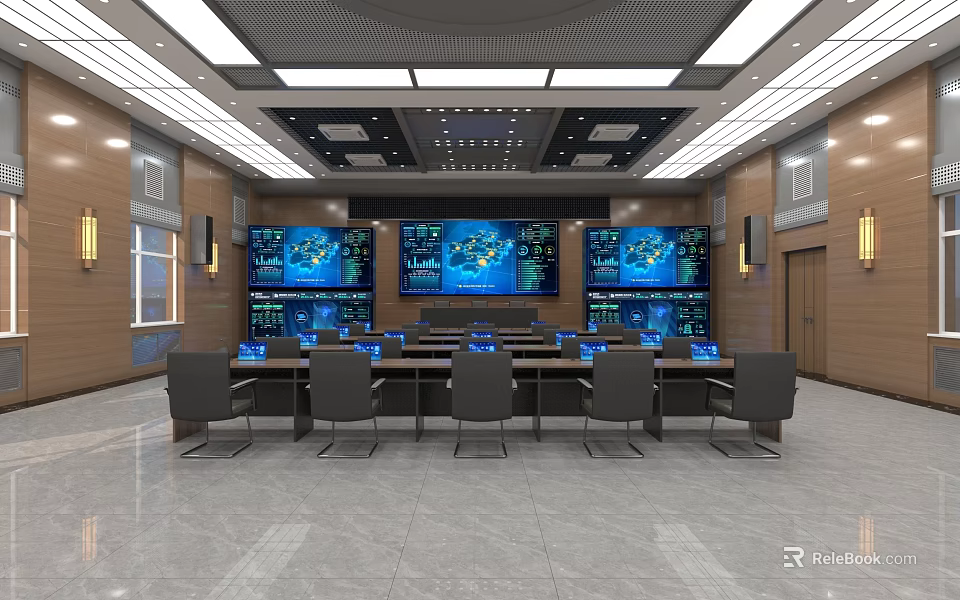 Modern Control Room With Multiple Monitoring Screens Data Displays Conference Table And Chairs 3d model 