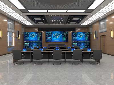 Modern Control Room With Multiple Monitoring Screens Data Displays Conference Table And Chairs 3d model