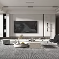 Modern Living Room Interior With Gray Sofa Accent Chair Abstract Painting Large Windows And Blinds