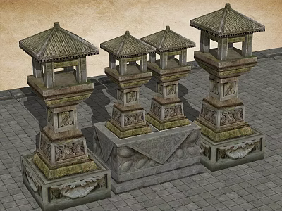 Traditional Stone Lanterns with Carved Bases and Ornate Roofs as Garden Ornaments on Paved Ground 3d model