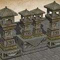 Traditional Stone Lanterns with Carved Bases and Ornate Roofs as Garden Ornaments on Paved Ground