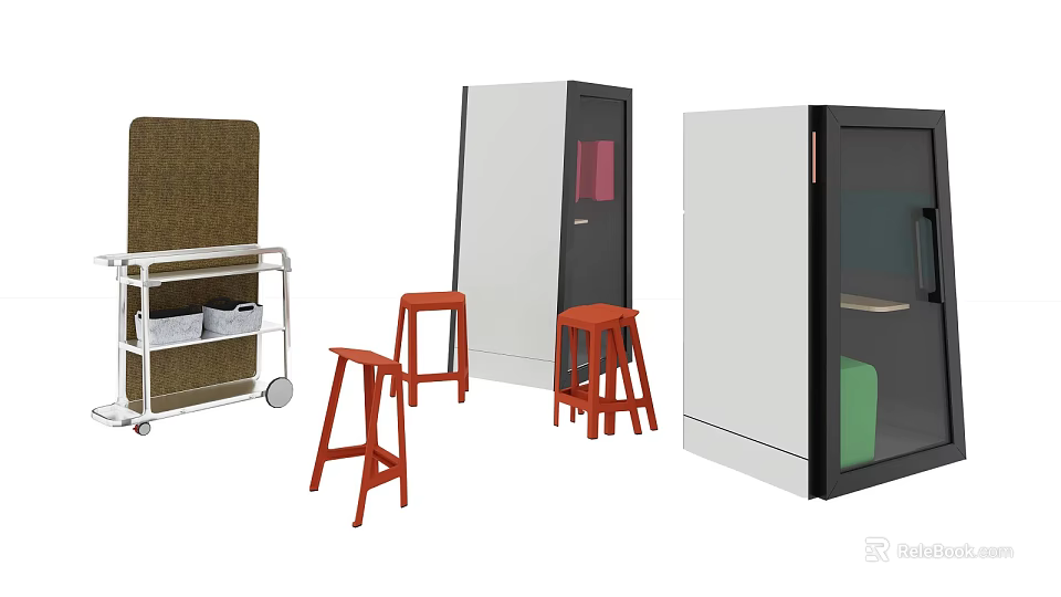 Public Facilities With Mobile Cart Red Stools And Modern Storage Cabinets 3d model 