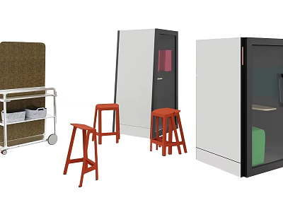 Public Facilities With Mobile Cart Red Stools And Modern Storage Cabinets 3d model