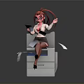 Anime Female Game Character With Red Twin Ponytails Wearing Glasses Sitting On Printer Holding Papers