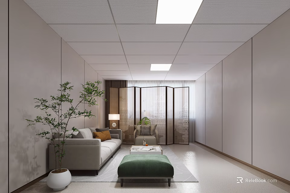 Modern Minimalist Living Room With Sofa Ottoman Potted Plant And Room Divider 3d model 