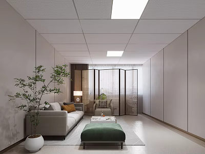 Modern Minimalist Living Room With Sofa Ottoman Potted Plant And Room Divider 3d model