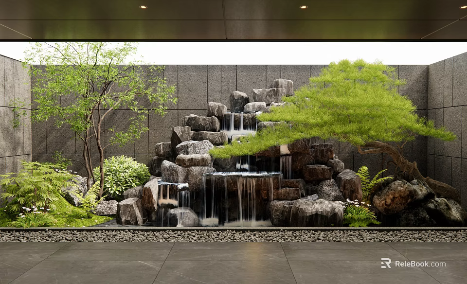 Tranquil Courtyard Garden with Rock Waterfall Lush Trees Ferns Gray Stone Wall and Stone Pathway 3d model 