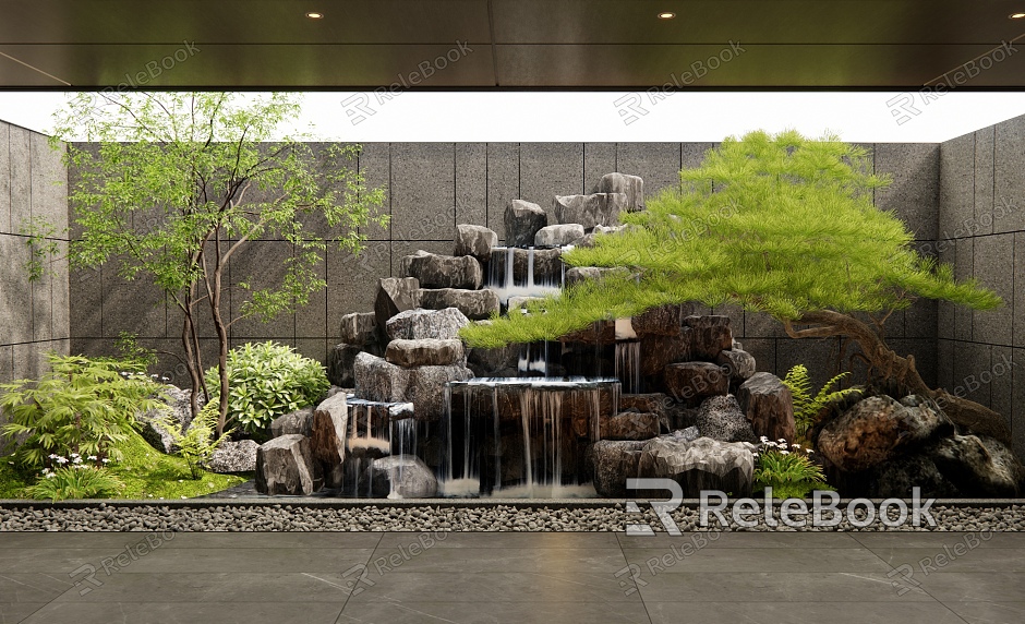 Modern rockery waterscape flowing water landscape stone pine shrub plant landscape landscaping courtyard sketch model