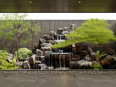 Tranquil Courtyard Garden with Rock Waterfall Lush Trees Ferns Gray Stone Wall and Stone Pathway 3d model