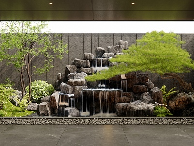 Modern rockery waterscape flowing water landscape stone pine shrub plant landscape landscaping courtyard sketch model