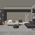 Modern Living Room Interior Design With Beige Sofa Black Cushions And Gray White Panel Wall
