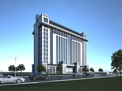 Modern Tall Office Building Exterior With Glass Windows Trees And Cars Around 3d model