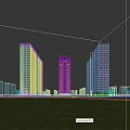 Three Tall Modern Office Buildings With Glass Curtain Walls At Twilight Near Trees And Road