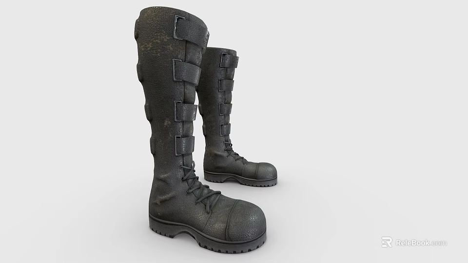 Black Tall Boots with Strap Design Thick Sole and Durable Leather Material 3d model 