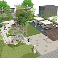 Courtyard Garden With Stone Path Green Lawn Yellow Pink Flowers And Wooden Table