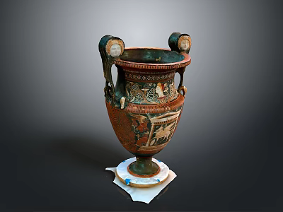 Ancient Greek Amphora Sculpture With Intricate Carved Handles Decorative Patterns On White Base 3d model