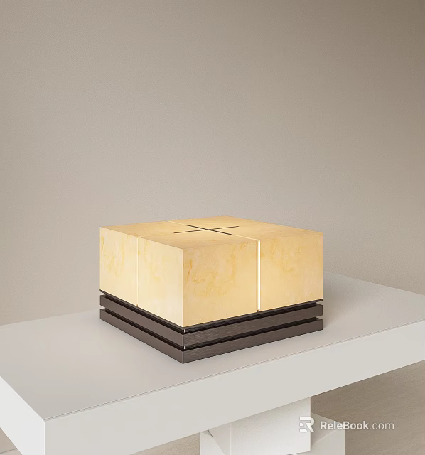 Square Beige Marble Like Table Lamp With Modern Layered Dark Base Design 3d model