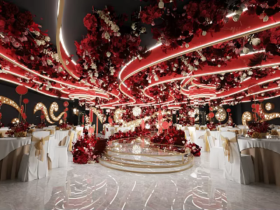 Elegant Modern Banquet Hall With Red Gold Decorative Flowers Stage And Dining Tables 3d model