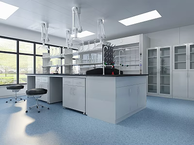 Modern Laboratory Interior With Lab Benches Pendant Lights Storage Cabinets And Blue Flooring 3d model
