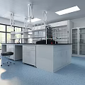 Modern Laboratory Interior With Lab Benches Pendant Lights Storage Cabinets And Blue Flooring
