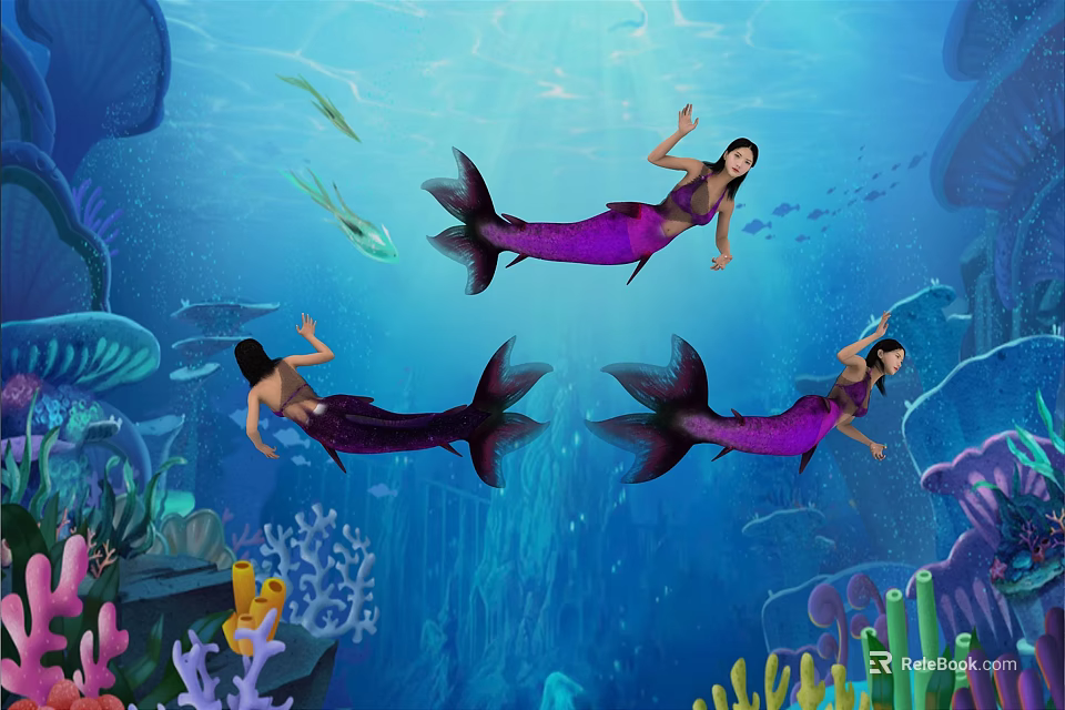 Women as mermaids swimming underwater with colorful corals and fish 3d model 