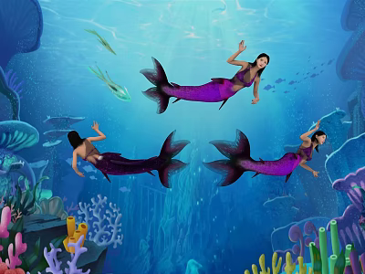 Women as mermaids swimming underwater with colorful corals and fish 3d model
