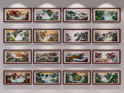 Framed Landscape Paintings With Mountain Waterfall And Natural Scenery Wall Art 3d model