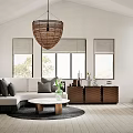 Bright Modern Living Room Interior With White Sofa Coffee Table And Hanging Lamp