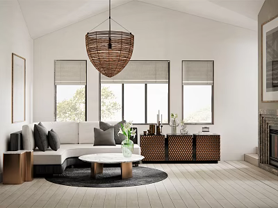 Bright Modern Living Room Interior With White Sofa Coffee Table And Hanging Lamp 3d model